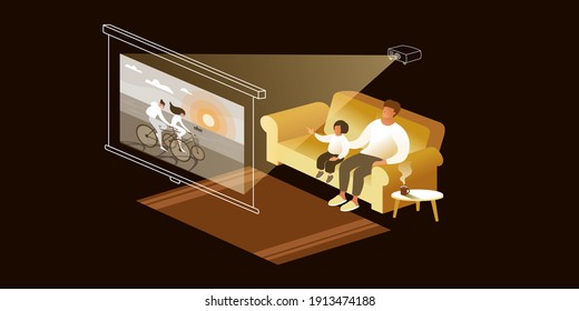 Dad and daughter are sitting on the couch and watching a movie on a home theater projector. Isometric vector illustration.