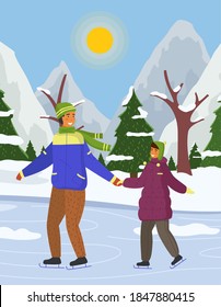 Dad and daughter skating. Man in jacket, hat and scarf holds the hand of girl in purple down jacket. People ice skating. Spruce, snowy plains, white mountains, bright frosty sun. Winter time