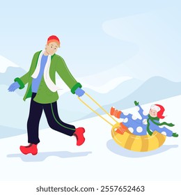 Dad and daughter are sledding in the snowy mountains. They are having fun and enjoying the winter. Winter background in light cold shades, mountains with snow. Sledding with the family