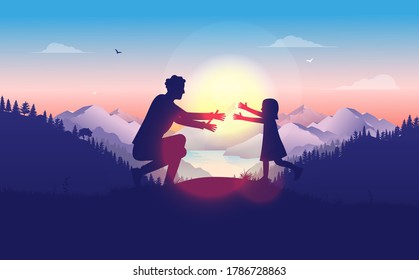 Papa und Tochter im Sonnenaufgang - Vater, der sich für ein laufendes Kind mit Sonne und schöner Landschaft im Hintergrund ausstreckt. Vaterschaft, Elternschaft und Glückskonzept. Vektorgrafik.