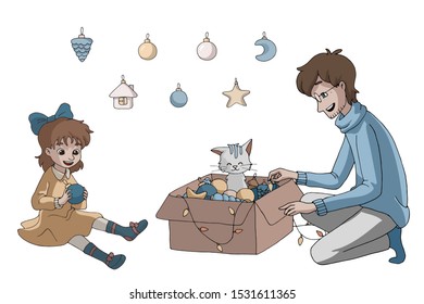 Dad and daughter unpack a box with Christmas tree toys. Cat sitting in a box. Set of vector illustrations. Isolated objects on white background. Decor elements for gift card and kids products. 