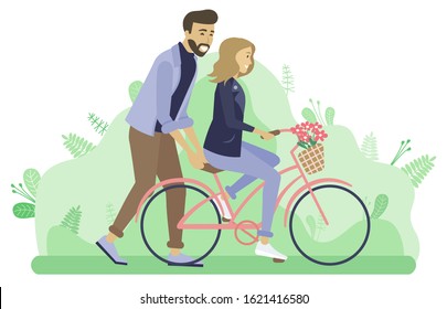 Dad and daughter vacations vector, father teaching child to ride bicycle. Weekends of family. Man helping woman ride retro bicycle. Boy and girl on an active dating in park. Illustration in flat style