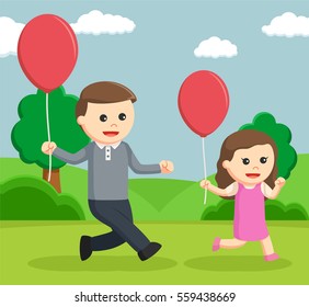 dad and daughter walking with balloon in the park
