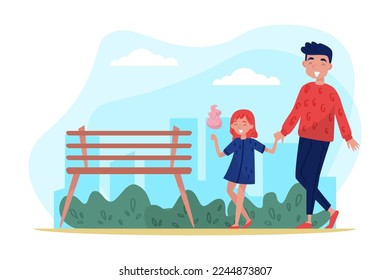 Dad and daughter walking in park. Cute happy girl eating cotton candy. Parent and kid having good time outdoors cartoon vector
