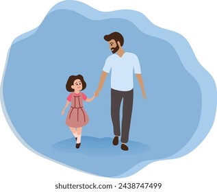 Dad and daughter walking together holding hands Illustration flat style Man and girl Family lifestyle concept Happy family with kid Dad day Cover book Banner Social media Happy Father's day