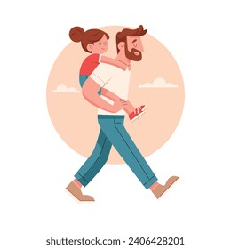 dad and daughter walking together. Vector illustration in flat cartoon style. father's day poster postcard banner. father and daughter illustration. 