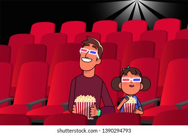 dad and daughter watch a movie in a cinema wearing 3D glasses and eat popcorn