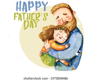 dad and daugther hug each other. watercolor fathers day illustration