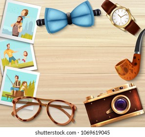 Dad day circle composition of realistic objects including watches glasses smoking pipe bow tie and photographs vector illustration