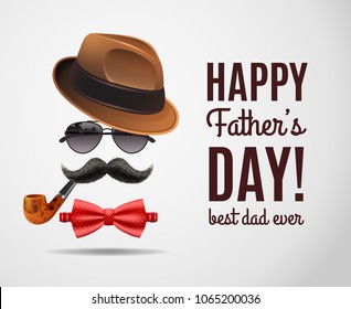 Dad day composition of decorative congratulatory text and realistic fathers accessories with shadows on blank background vector illustration