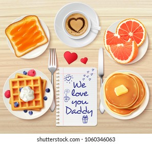 Dad day composition with top view of wooden table with sweets fruits and coffee with text vector illustration