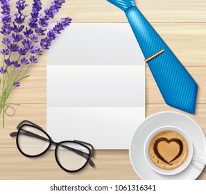 Dad day composition with top view of blank piece of paper for congratulatory letter on table vector illustration
