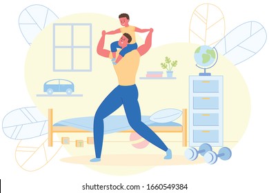 Dad does Sports with his Little Son in Morning. Child Sits on his Father’s Shoulders and Have Fun. From Beginning Day they Do Exercises Together. On Floor are Dumbbells and Boys Toys.
