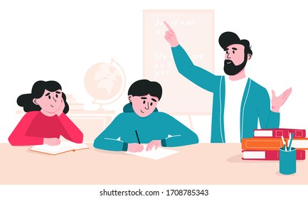 Dad doing homework with kids. Father explaining study material to boy and girl listening and taking notes at desk.