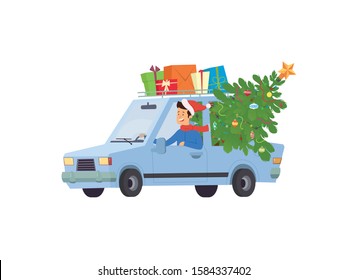 Dad is driving a Christmas tree and presents by car. A man drives a car with gifts and a Christmas tree. vector illustration isolated on white background.