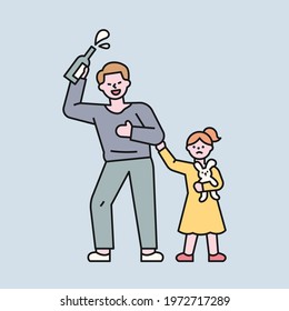 Dad is drunk and a young daughter is drying him. flat design style minimal vector illustration.