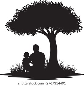 Dad embracing child beneath leafy branches a tender moment. For family love and celebration campaigns.