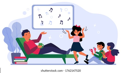 Dad enjoying music with children. Kids playing musical instrument, singing, dancing flat vector illustration. Family, leisure at home, activity concept for banner, website design or landing web page
