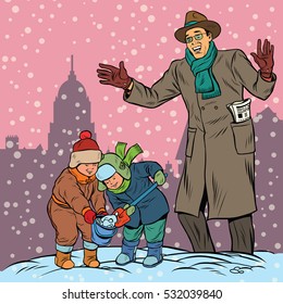 Dad enjoys playing his children. Pop art retro vector illustration. The boys make a snow fortress