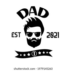 Dad est label. Quote for Happy Fathers day on ribbon. Hipster man with beard, mustache and glasses.  Vintage logo with daddy face. Holiday poster with typography sign.