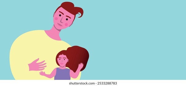 Dad or father with adopted child as a concept of childhood and parenthood, flat vector stock illustration as a template with place for text for design