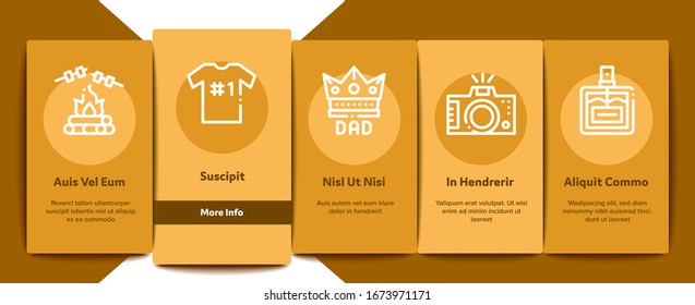 Dad Father Parent Onboarding Mobile App Page Screen Vector. Dad With Beard And Office Working Place, Guitar And Photo Camera, Crown And Perfume Bottle Color Contour Illustrations