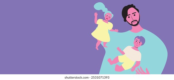 Dad or father with son and daughter as a concept of childhood and parenthood, flat vector stock illustration as a template for overlay and copy space