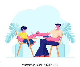 Dad Feed Son with Spoon, Boy Sit in Special High Baby Chair. Father Engaged in Raising Child. Little Boy Having Breakfast with Daddy, Happy Family Spend Time Together. Cartoon Flat Vector Illustration