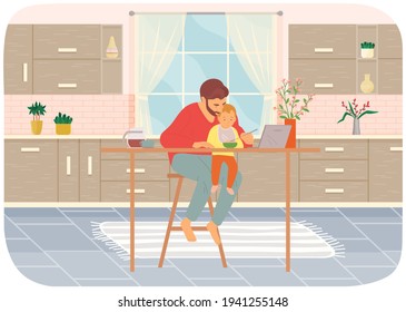 Dad Feeds Baby Wearing Bib In Kitchen. Kid Sits On His Dad's Lap, Eats And Watches Cartoon On Laptop