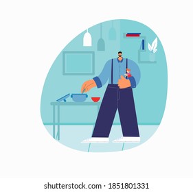 Dad Feeds His Little Daughter. Dad Is Alone With His Daughter. Vector Illustration