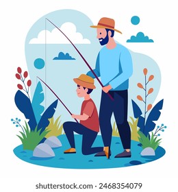 Papá pescando con su hijo. Arte conceptual para el Día del Padre. Ilustración vectorial plana en estilo de dibujos animados.