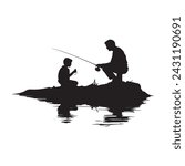 A dad fishing with his son, vector silhouette.