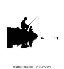 Un padre pescando con su hijo, silueta vectorial.