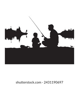 A dad fishing with his son, vector silhouette.