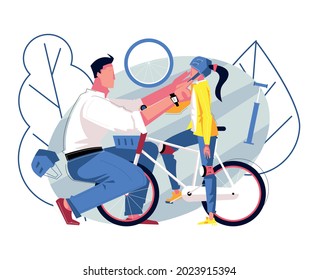 Dad flat composition with character of father wearing helmet on her daughter ready to ride bicycle vector illustration