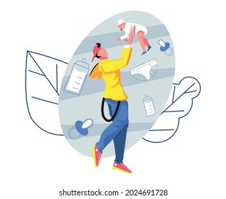 Dad flat composition with character of young man holding baby in his arms vector illustration