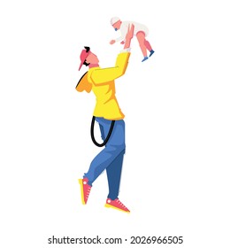 Dad flat composition with character of young man holding baby in his arms vector illustration