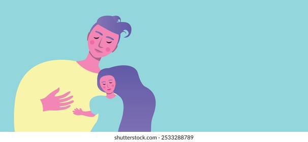 Papá o padre adoptivo con niños adoptados como concepto de ocio familiar, ilustración de stock de Vector plano con lugar para texto