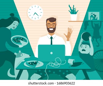 Dad freelancer has teleconference  video call on his laptop while his family at home. Working remotely from home. Self isolation concept. Flat vector illustration