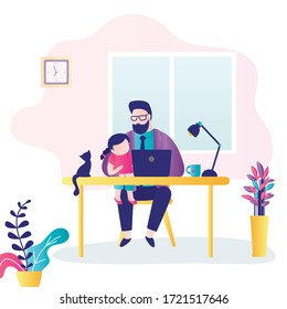 Dad freelancer work at home during quarantine. Parent works with child on knees. Businessman is quarantined and working remotely on computer. Self-isolation, covid-19. Trendy flat vector illustration