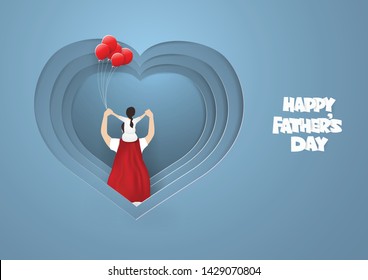 Dad gave the Daughter a ride on the neck on blue background .My daddy is my hero, Father's Day concept,paper craft style