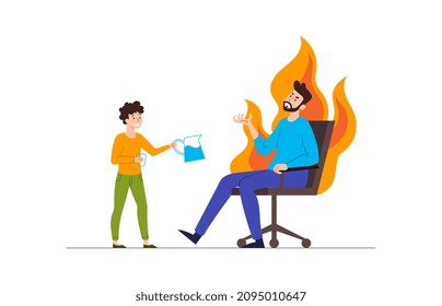 Dad get mad. Man sits on fire in front of boy. Son angered his father. Difficulties of freelance work, remote employee, internet, online and modern technologies. Cartoon flat vector illustration