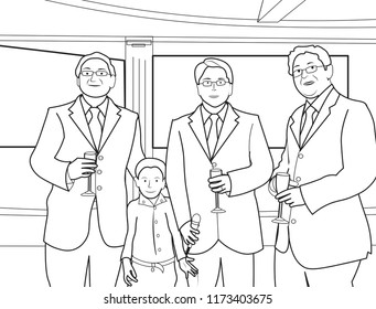 Dad getting ready to give speech talk son beside happy with other family members in a restaurant hand drawn sketch social gathering
