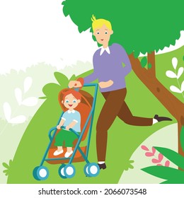 Dad With A Girl In A Stroller Illustration. Young Father In A Park Pushing Stroller. Family Walking And Baby. Toddler In A Stroller. Dad Pushing Pram. Parenthood Vector Illustration