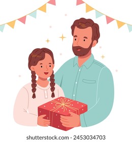 Dad gives a gift to his daughter. Birthday. Festive mood. Pastel colors. Hand draw.