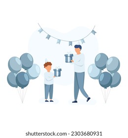 Dad gives his son gift box and boy holding present for celebrating birthday party.  Happy birthday concept. Childrens day