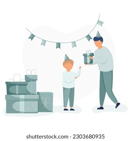 Dad gives his son gift box and boy taking present for celebrating birthday party, standing near presents.  Happy birthday concept. Childrens day