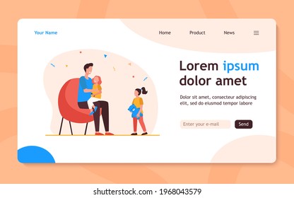 Dad giving attention to only one child. Daughter, parent, toy flat vector illustration. Parenthood and relationship concept for banner, website design or landing web page