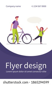 Dad giving bike to joyful son. Red haired boy, speech bubble, bicycle flat vector illustration. Activity, childhood, family concept for banner, website design or landing web page