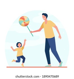 Dad giving candy to son. Huge lollypop, sweet snack, child, kid. Flat vector illustration. Childhood, amusement, entertainment concept for banner, website design or landing web page